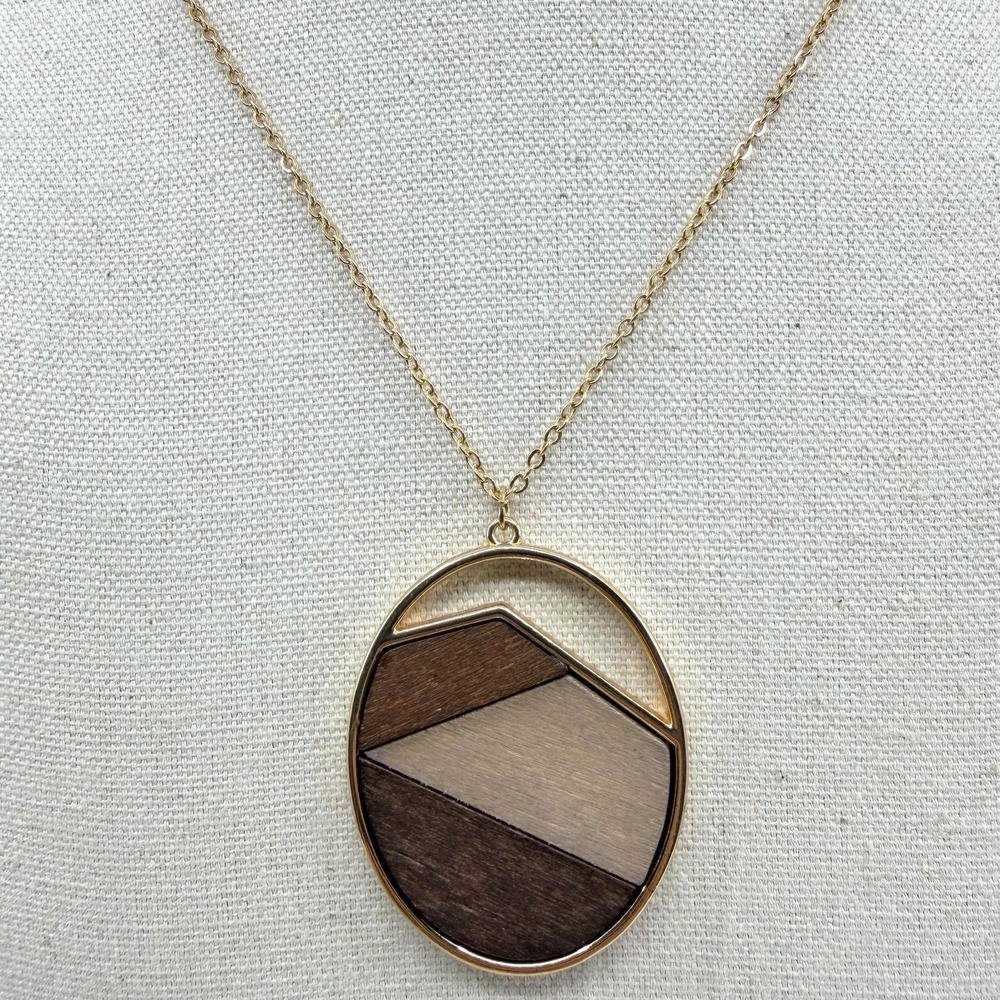 Geometric Wood Mountain Pendant Necklace Gold Tone Minimalist Boho Nature Style